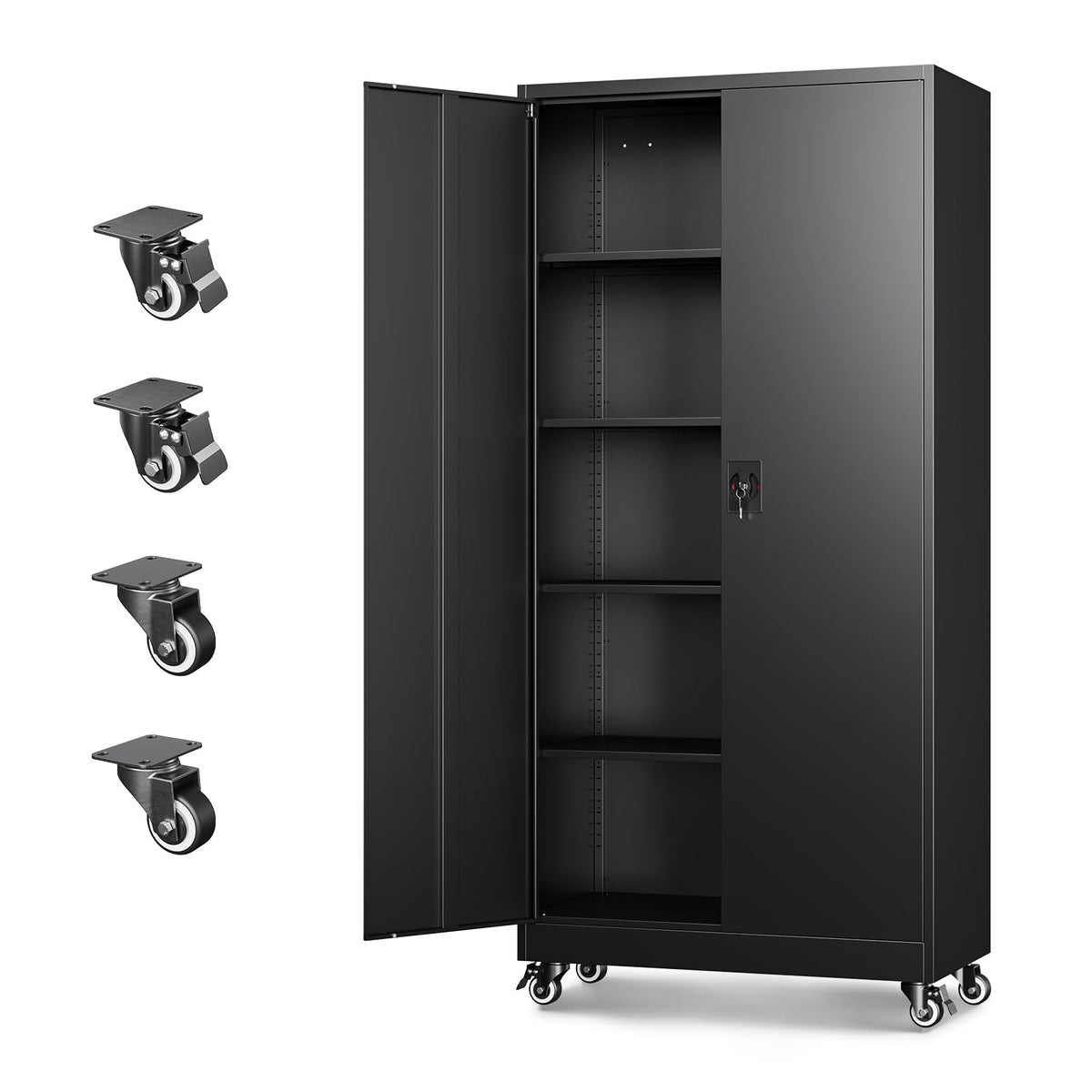 Metal Garage Storage Cabinets with Wheels, Locking Door and Adjustable Shelves (Black, 74.41" H) H75547