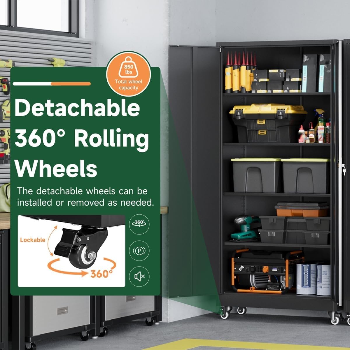 Metal Garage Storage Cabinets with Wheels, Locking Door and Adjustable Shelves (Black, 74.41" H) H75547