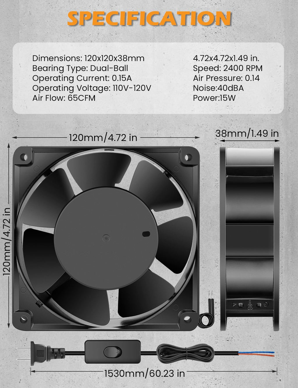120mm x 38mm 120V Dual Ball Bearing Axial Fan Z62867