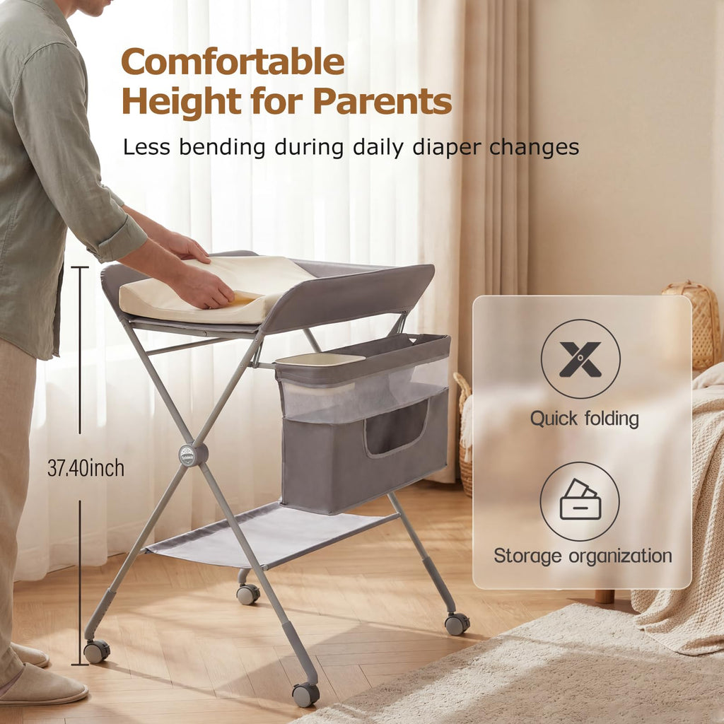 Baby Changing Table with Wheels, Portable Adjustable Folding Diaper Station with Storage E990438