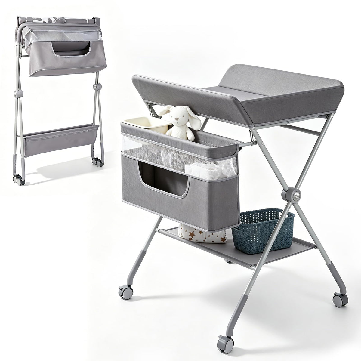 Baby Changing Table with Wheels, Portable Adjustable Folding Diaper Station with Storage E990438