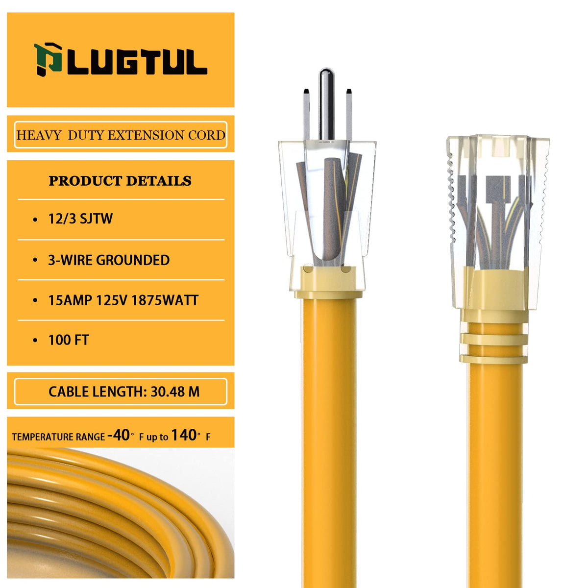 12 Gauge 100 Ft Heavy Duty Outdoor Extension Cord Waterproof Lighted End SJTW 3 Prong Grounded Plug 15A 1875W Yellow X30829
