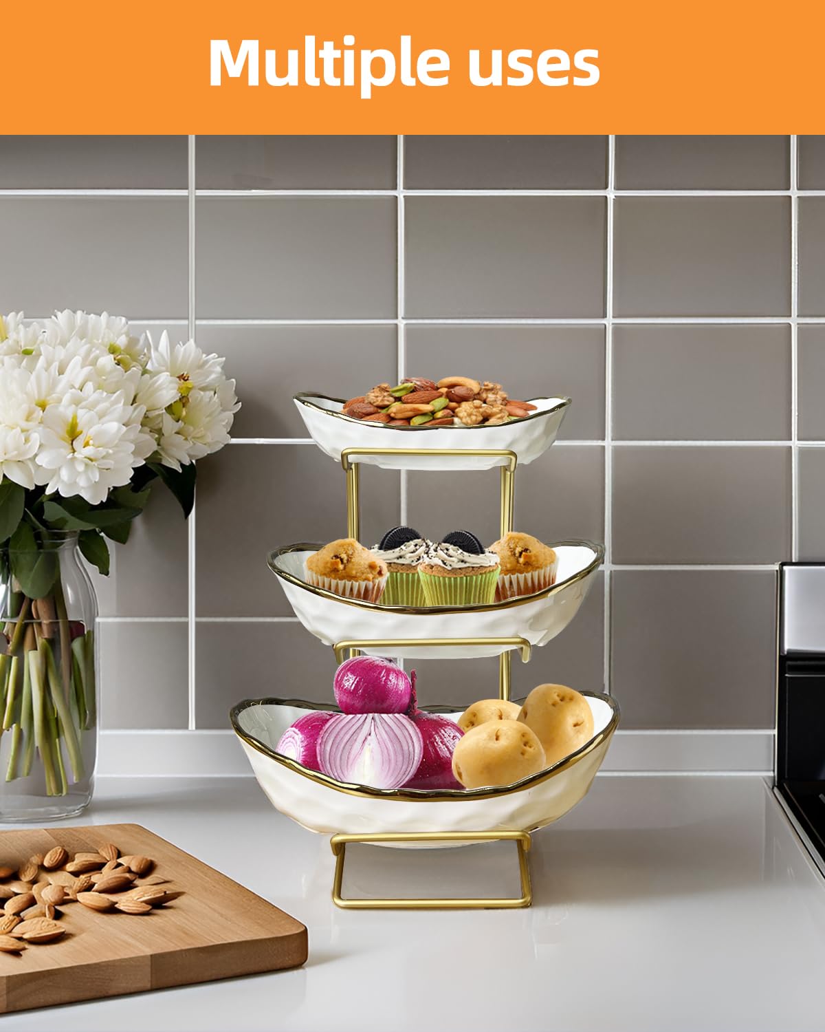 3-Tier Ceramic Fruit Bowl with Metal Stand Z234