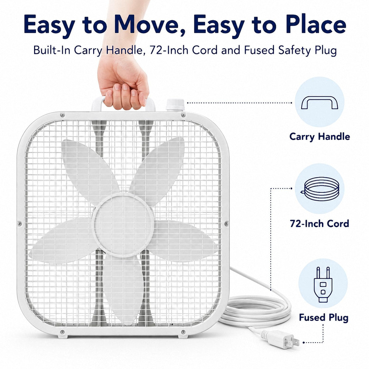 20 Inch Portable Box Fan with 3 Speeds, White D4664