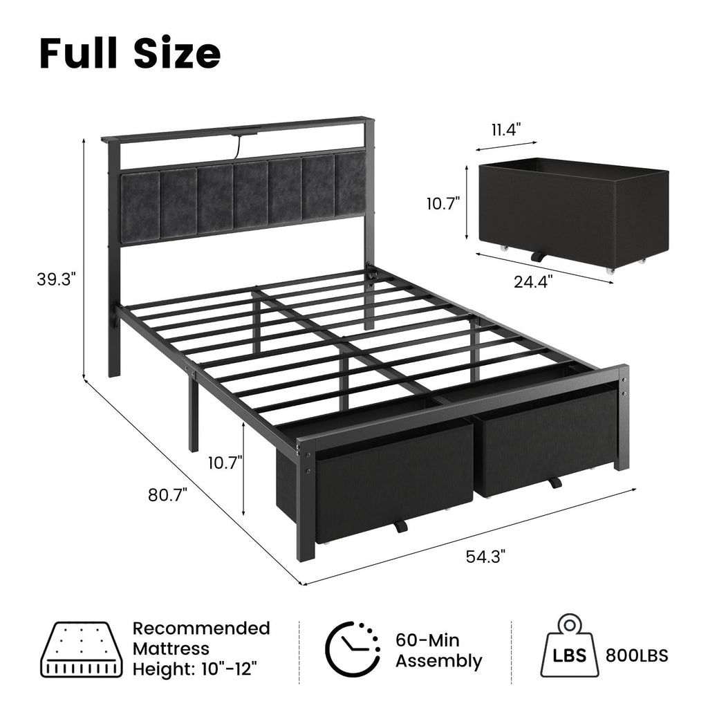 Full Size Bed Frame with Upholstered Headboard and 2 Storage Drawers F660