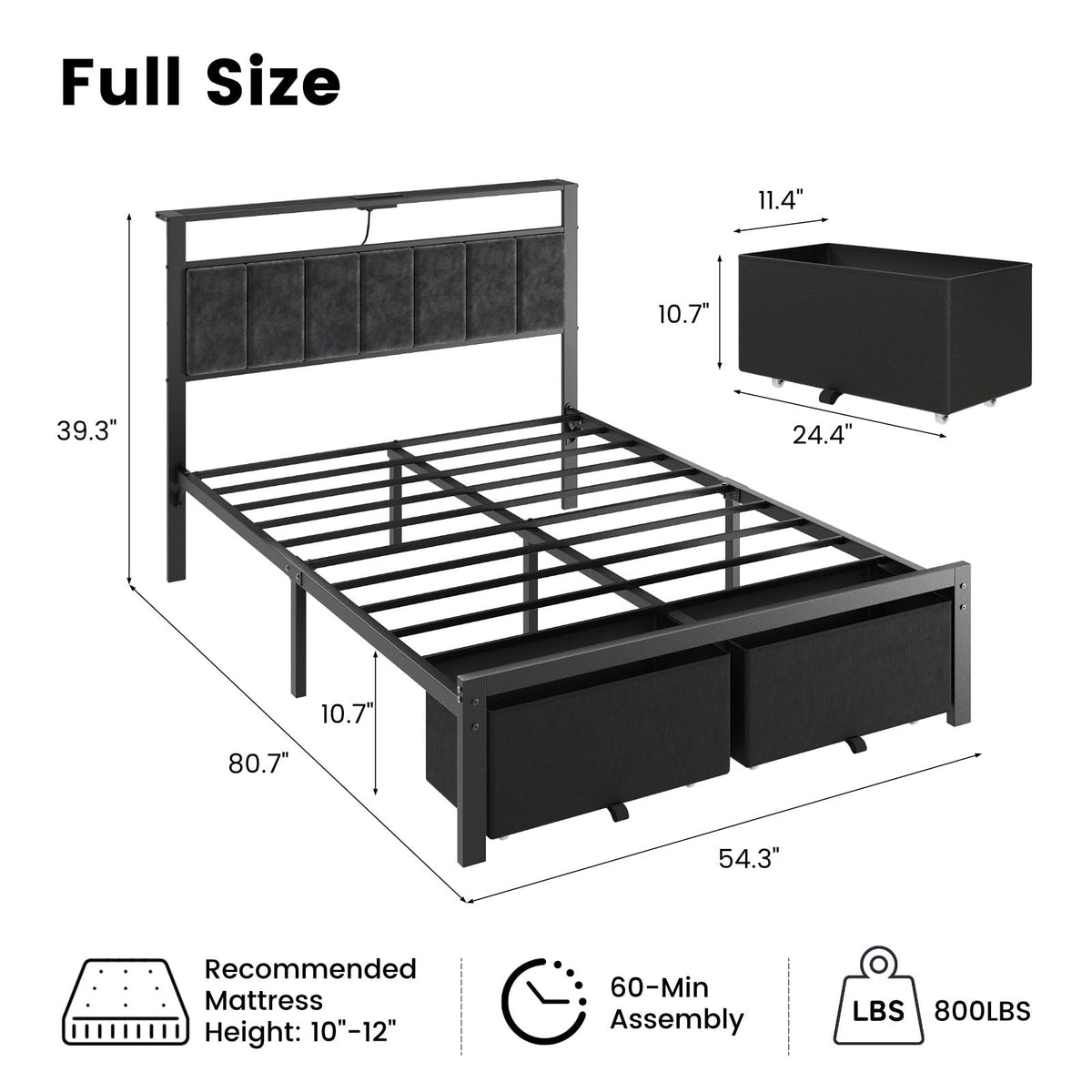 Full Size Bed Frame with Upholstered Headboard and 2 Storage Drawers F660