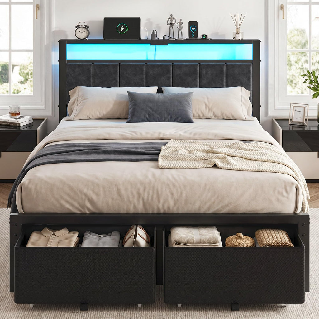 Full Size Bed Frame with Upholstered Headboard and 2 Storage Drawers F660