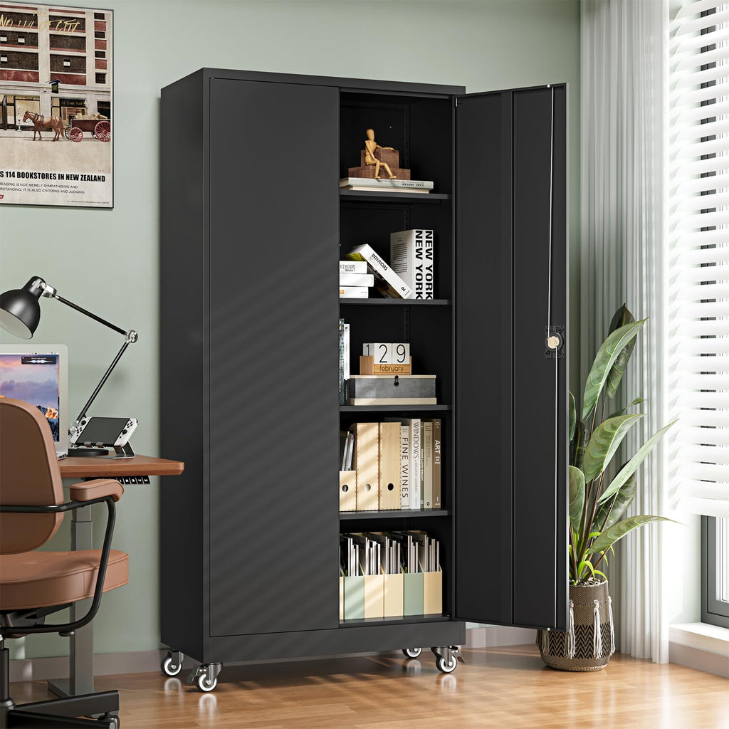 Metal Garage Storage Cabinets with Wheels, Locking Door and Adjustable Shelves (Black, 74.41" H) H75547