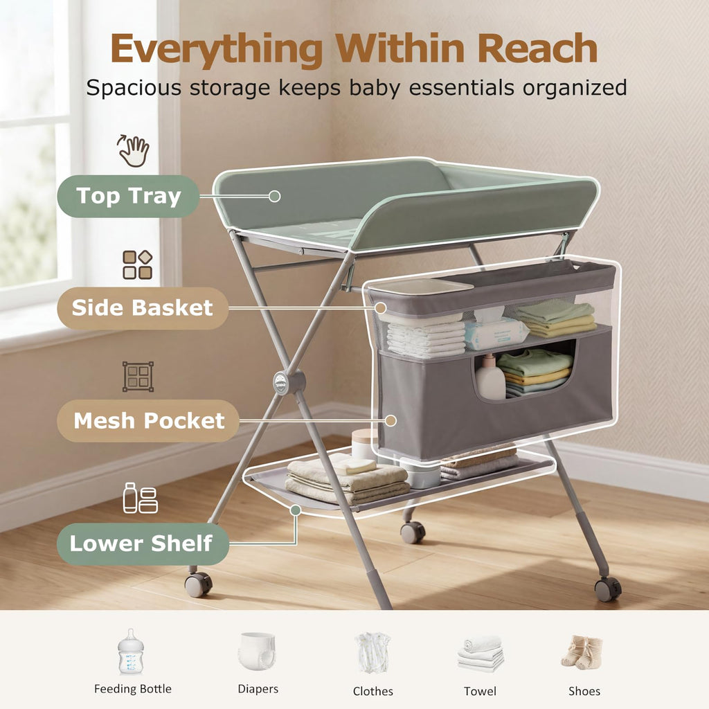 Baby Changing Table with Wheels, Portable Adjustable Folding Diaper Station with Storage E990438