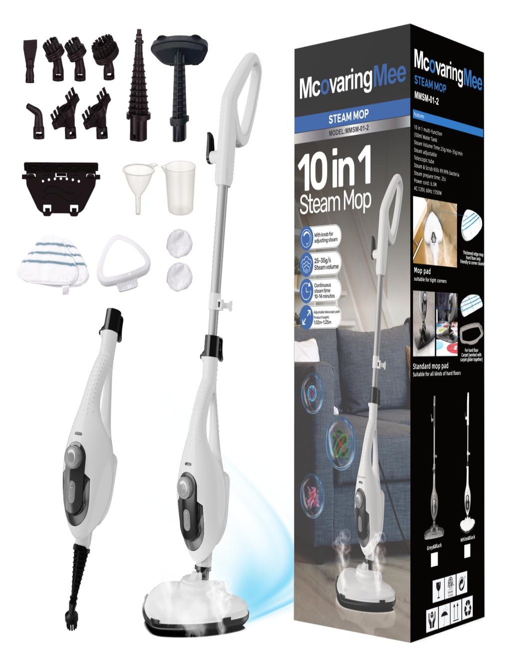 1550W 11-in-1 Steam Mop with 21.3FT Cord, White Q395007