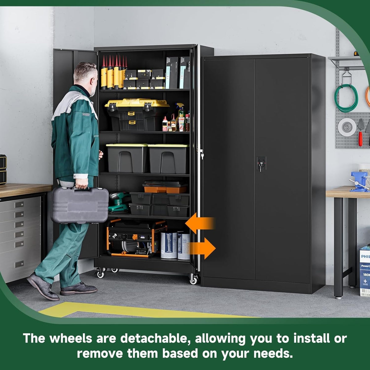 Metal Garage Storage Cabinets with Wheels, Locking Door and Adjustable Shelves (Black, 74.41" H) H75547