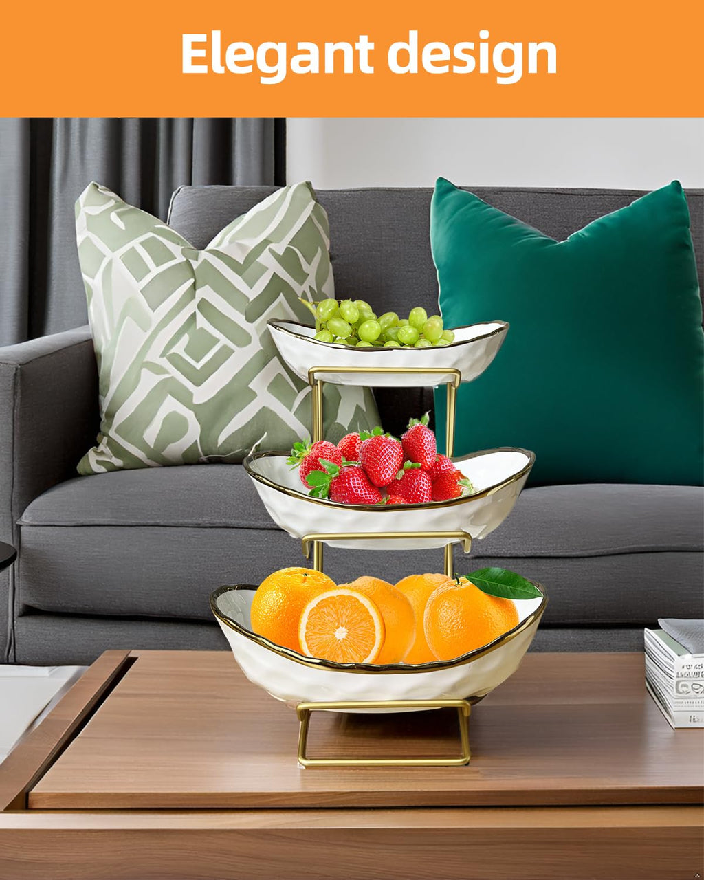 3-Tier Ceramic Fruit Bowl with Metal Stand Z234
