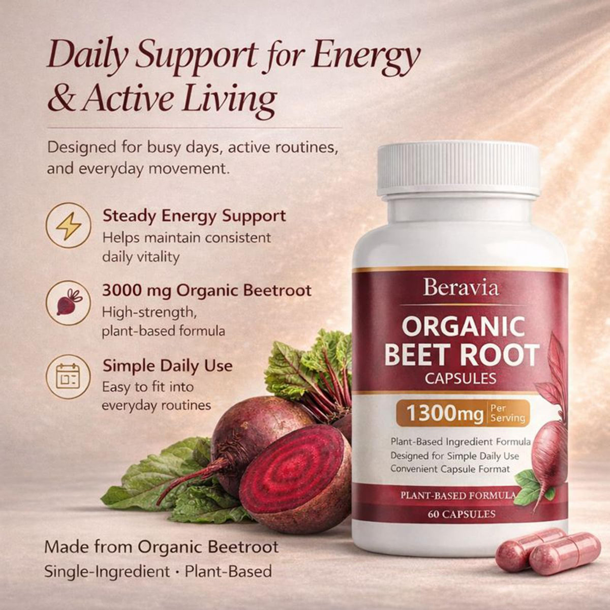 Organic Beet Root Capsules 1300 mg 60 Capsules A9848