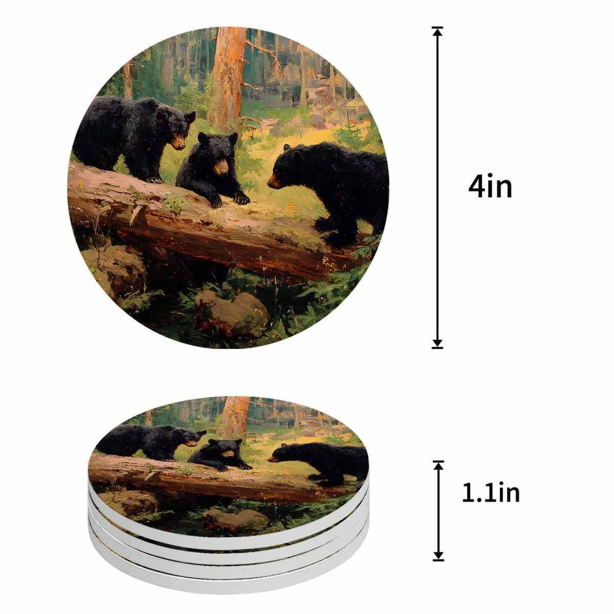 Set of 8 Rustic Black Bears Absorbent Ceramic Coaster with Cork Base P222