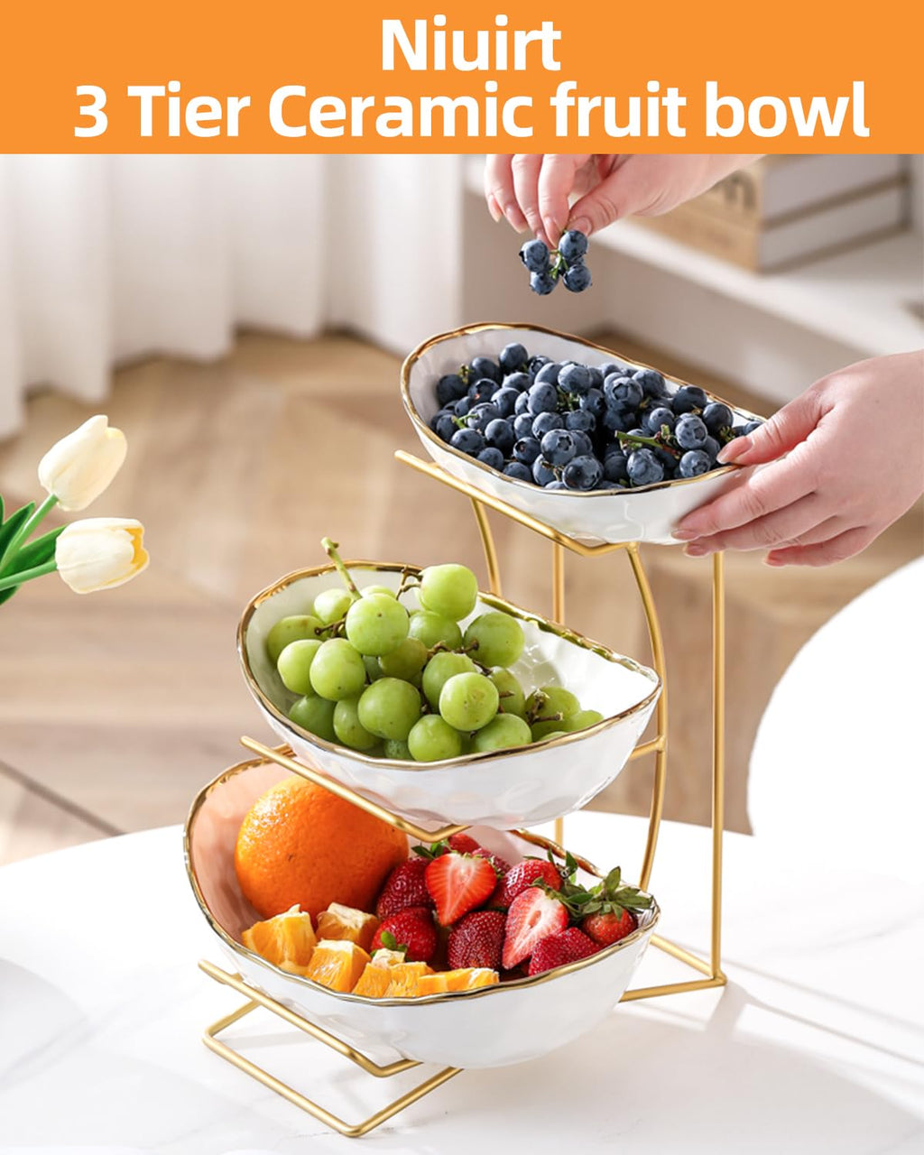 3-Tier Ceramic Fruit Bowl with Metal Stand Z234