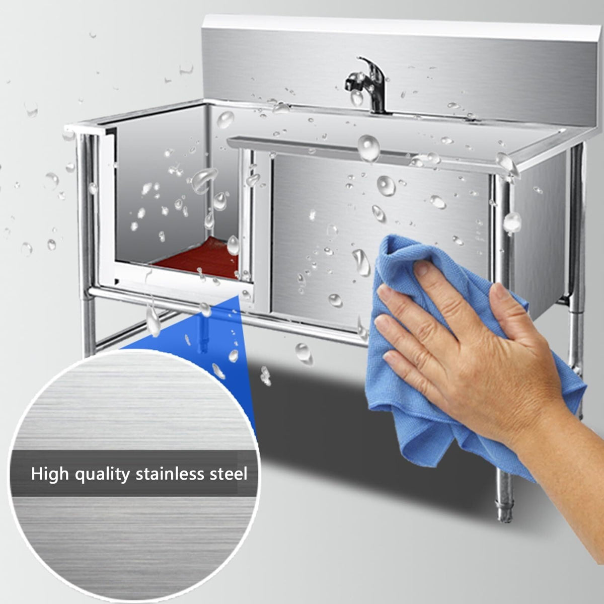 Stainless Steel Dog Washing Station Tub with Sliding Door and Telescopic Faucet U269101