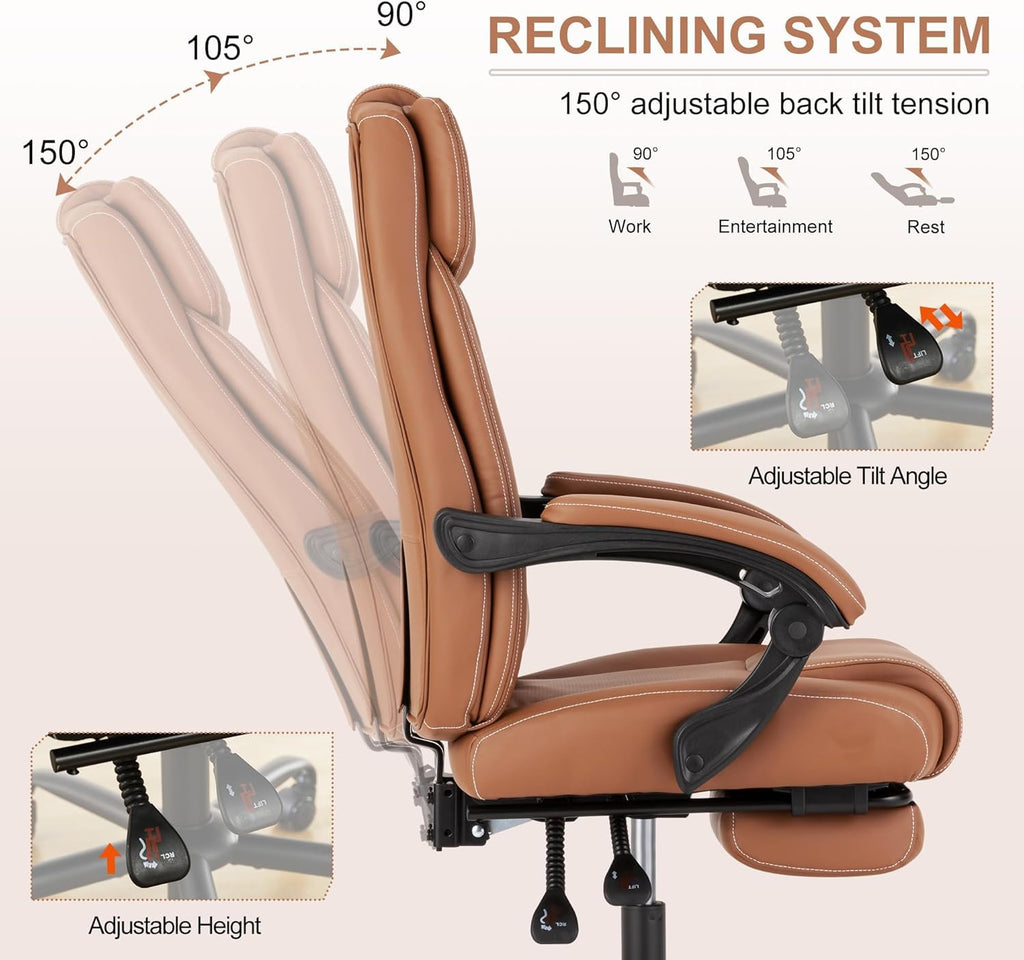 Brown Ergonomic Reclining Office Chair with Footrest and Lumbar Support V37661