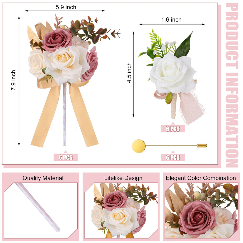 12 Pcs Artificial Bouquets and Boutonniere Set Rose White W66235