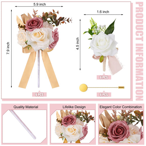 12 Pcs Artificial Bouquets and Boutonniere Set Rose White W66235