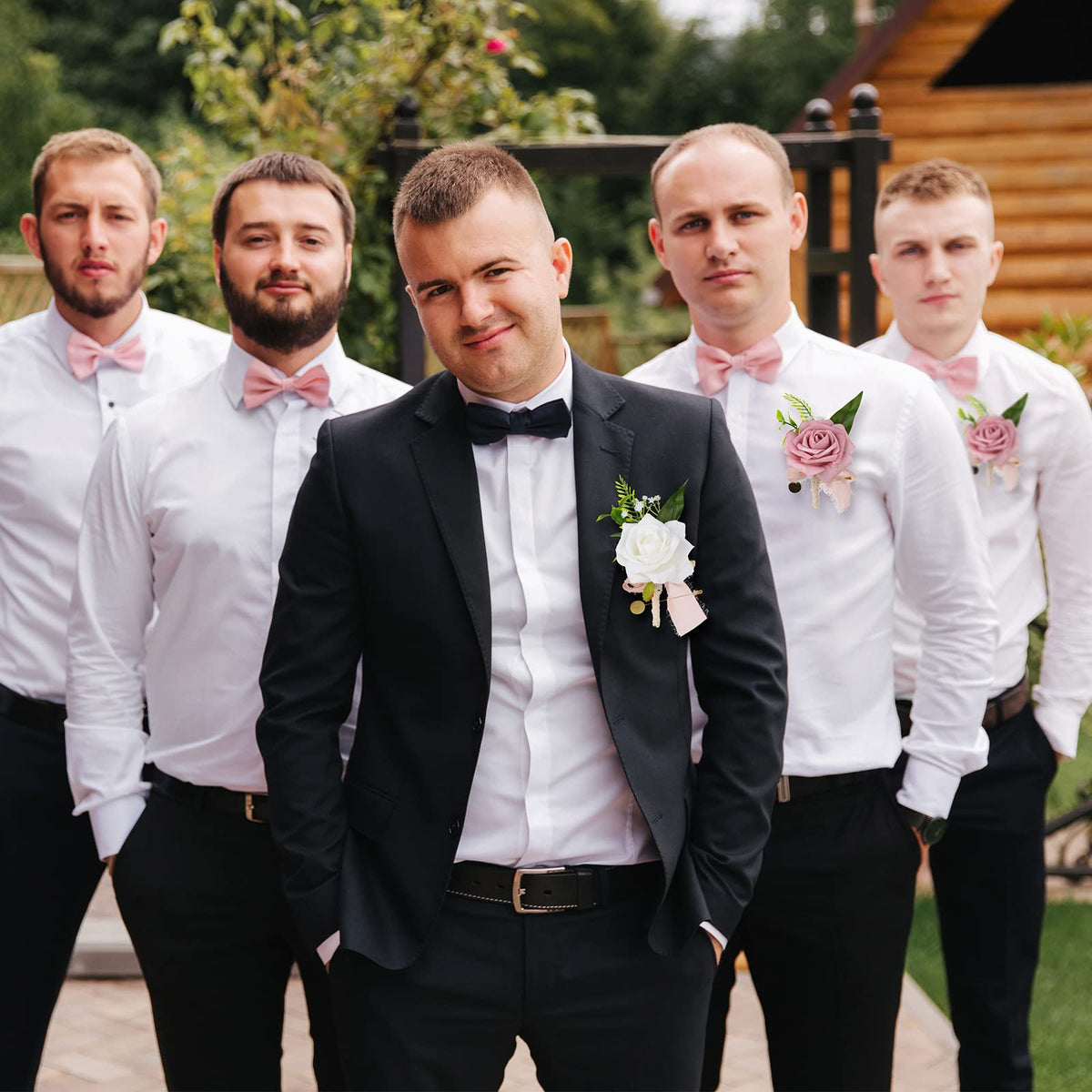 12 Pcs Artificial Bouquets and Boutonniere Set Rose White W66235