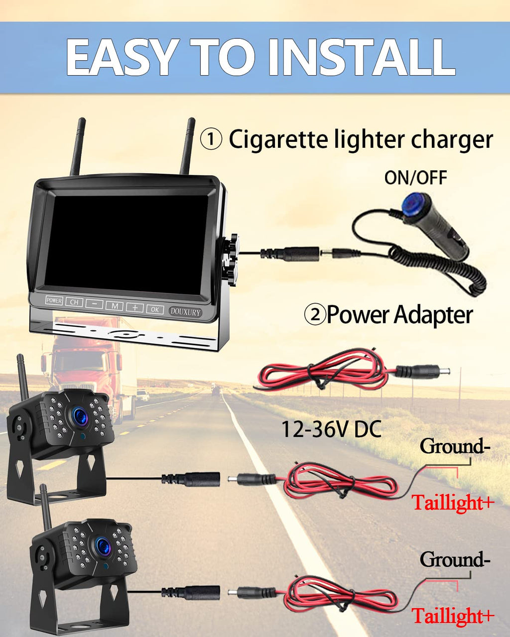 1080P Wireless Backup Camera System with 7'' Monitor IP69K Waterproof Y578