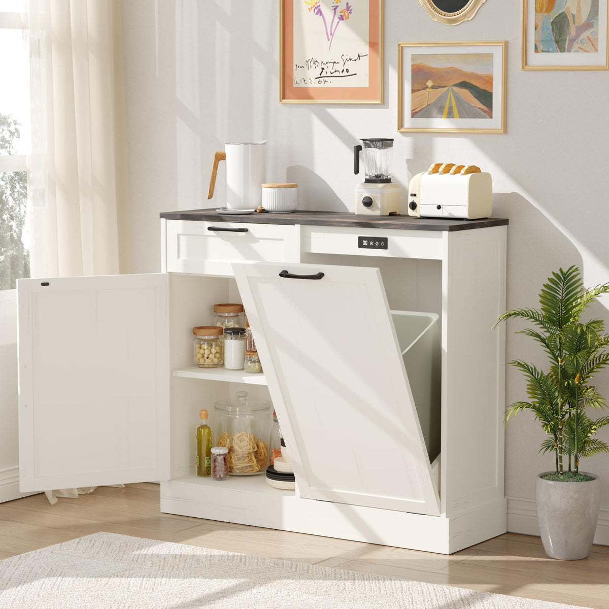 Off-White Tilt Out Trash Can Cabinet L403