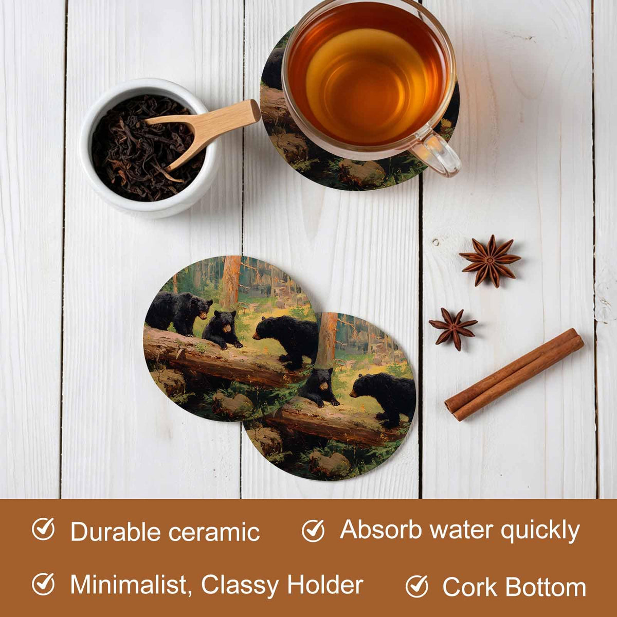 Set of 8 Rustic Black Bears Absorbent Ceramic Coaster with Cork Base P222