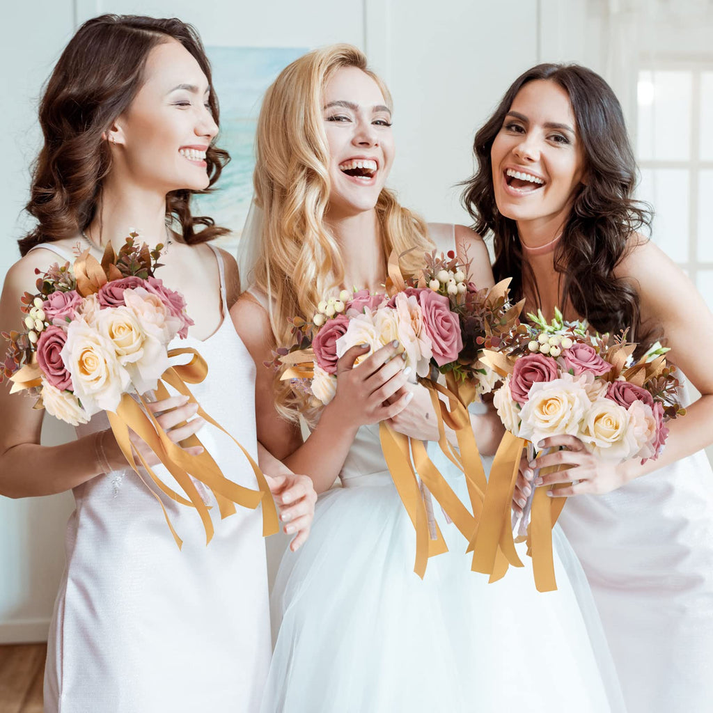 12 Pcs Artificial Bouquets and Boutonniere Set Rose White W66235