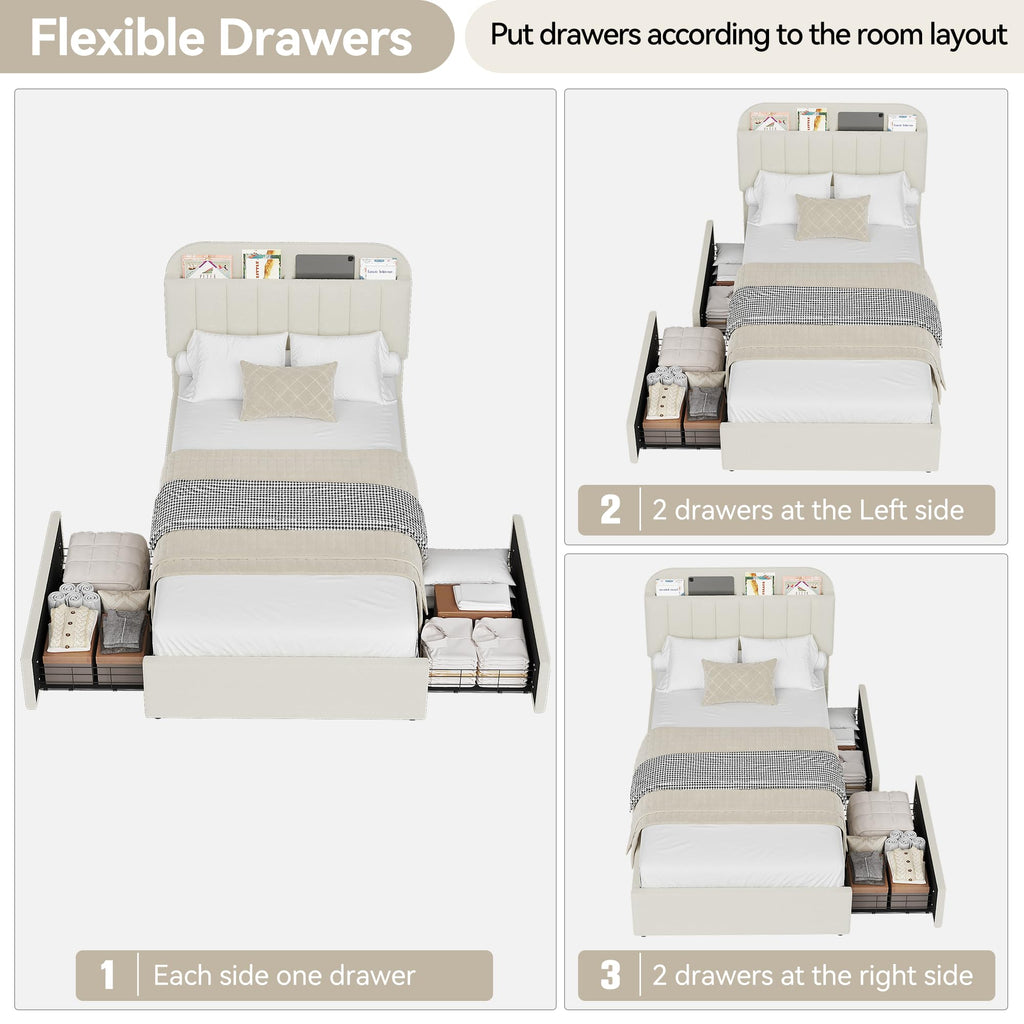Twin Platform Bed with Storage Headboard & Drawers I539
