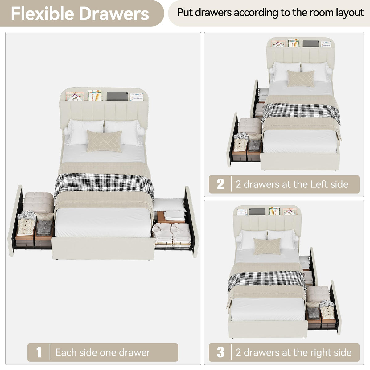 Twin Platform Bed with Storage Headboard & Drawers I539