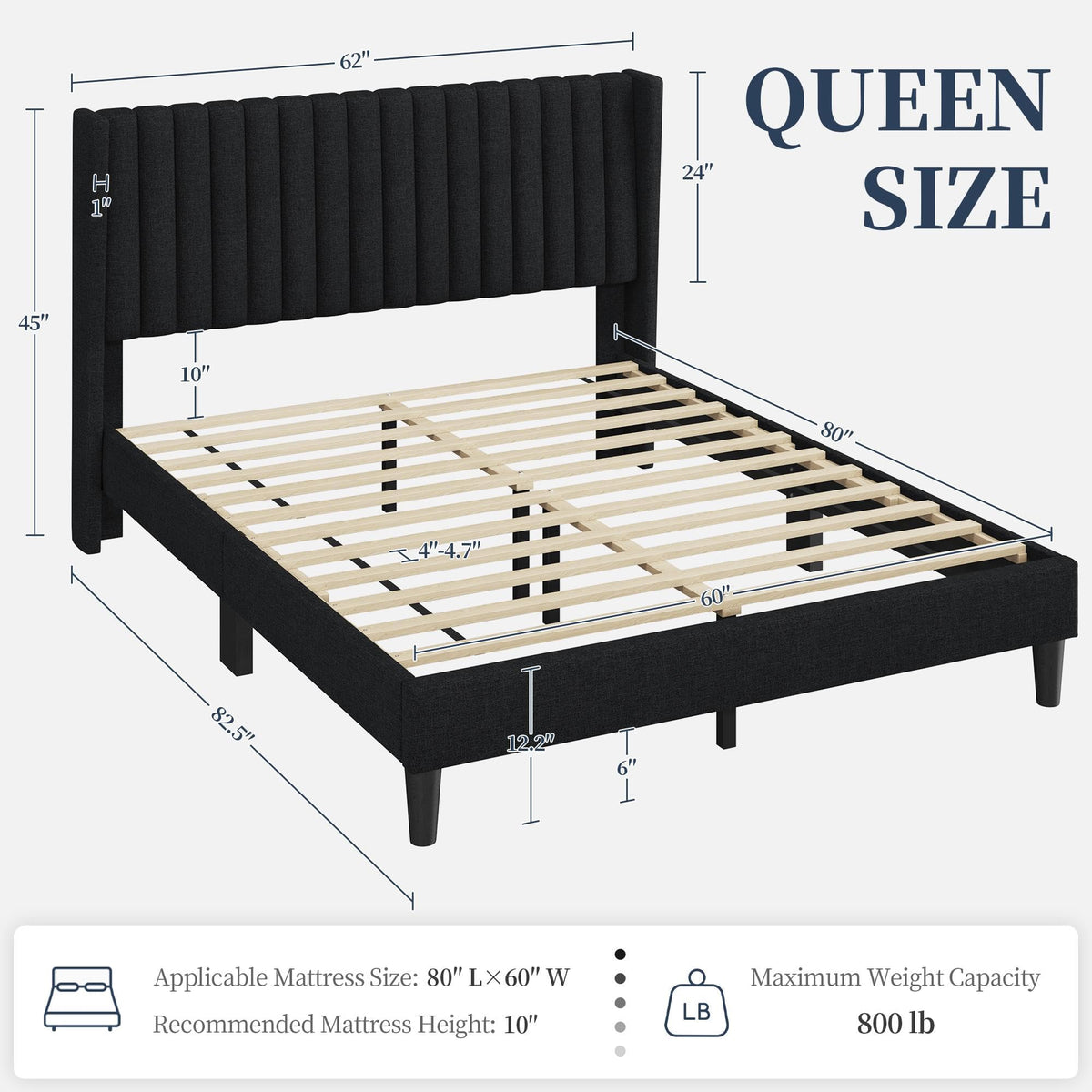 Black Queen Bed Frame with Headboard H56832