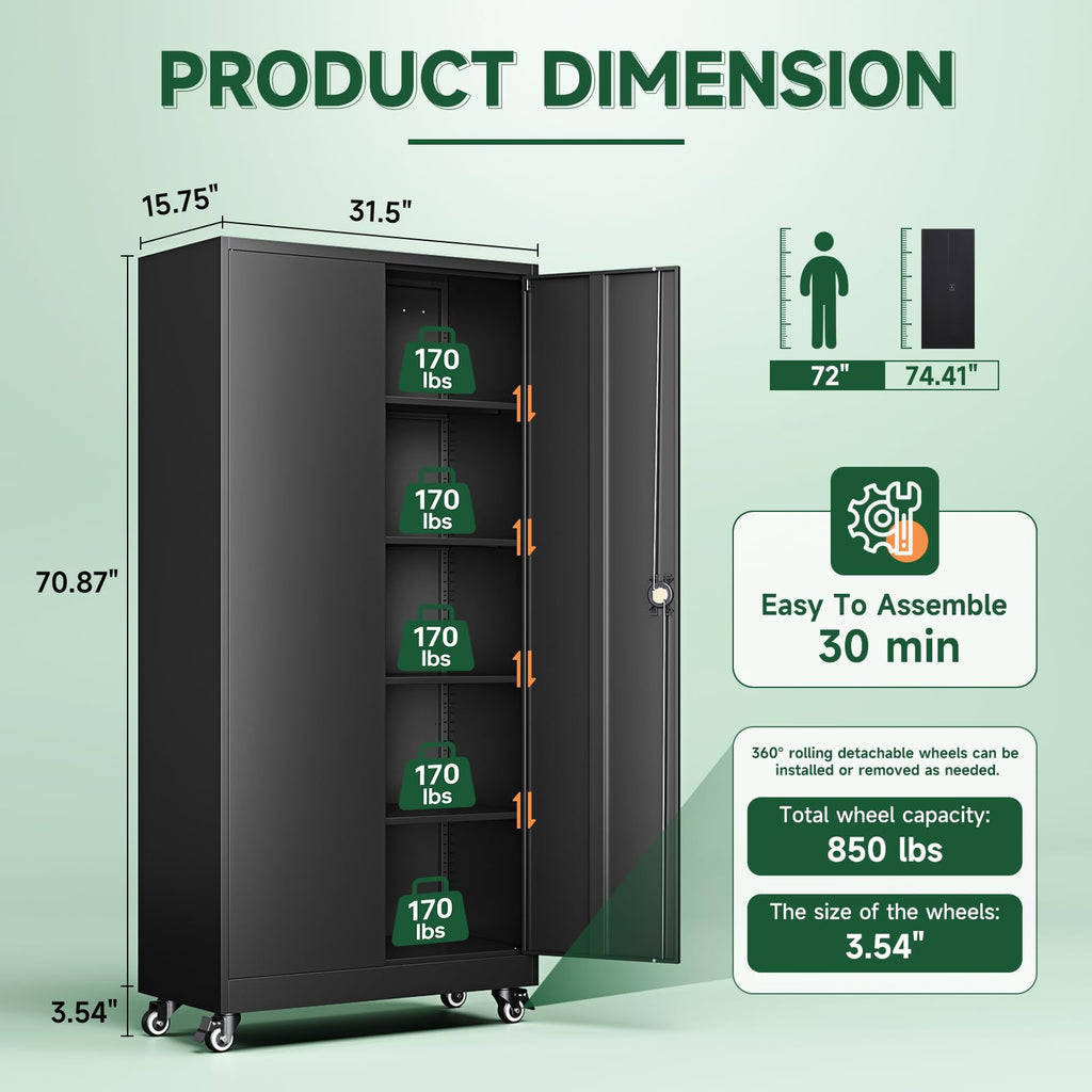 Metal Garage Storage Cabinets with Wheels, Locking Door and Adjustable Shelves (Black, 74.41" H) H75547