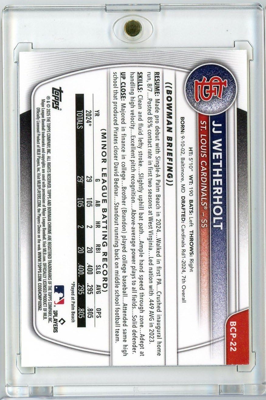 2025 Bowman Chrome JJ Wetherholt #BCP22 /75 Yellow Refractor Rookie Baseball Card C64307