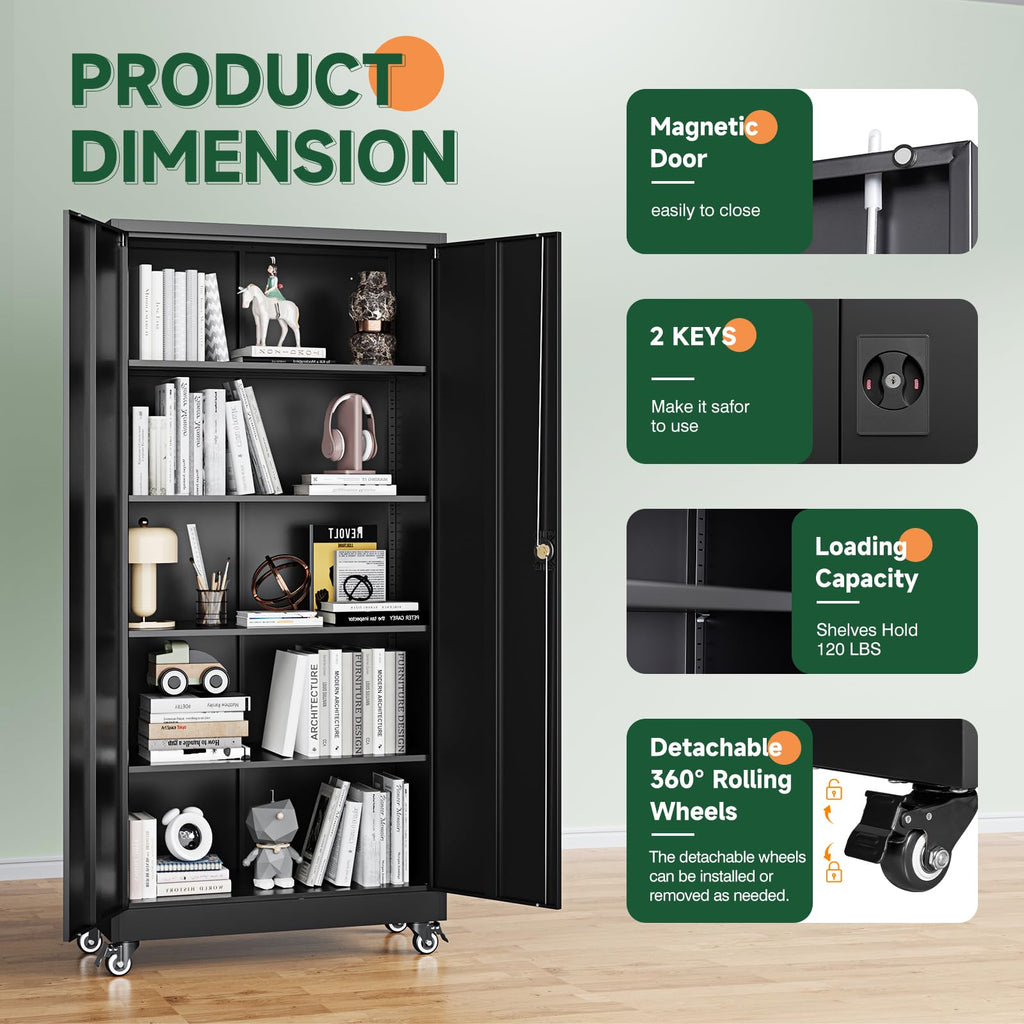 Metal Garage Storage Cabinets with Wheels, Locking Door and Adjustable Shelves (Black, 74.41" H) H75547