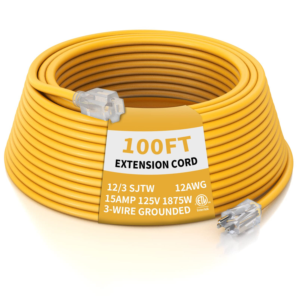 12 Gauge 100 Ft Heavy Duty Outdoor Extension Cord Waterproof Lighted End SJTW 3 Prong Grounded Plug 15A 1875W Yellow X30829