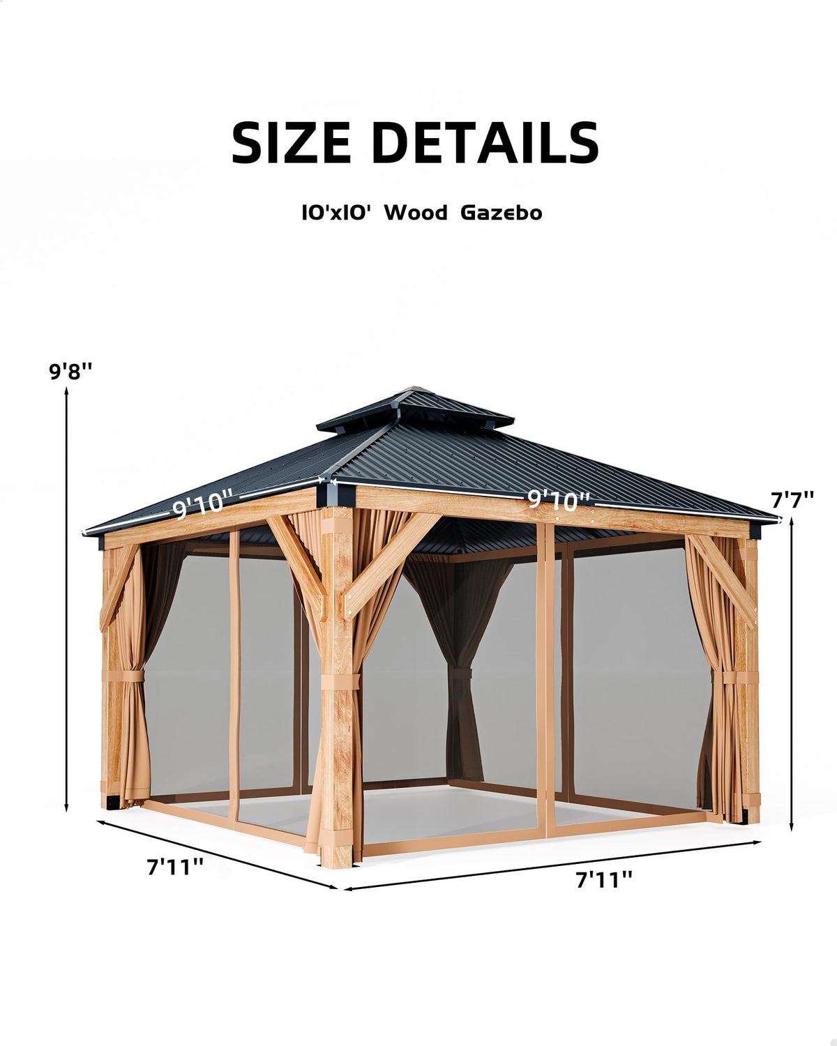 Hardtop Wood Gazebo 10 x 10 ft with Double Metal Roof T921039