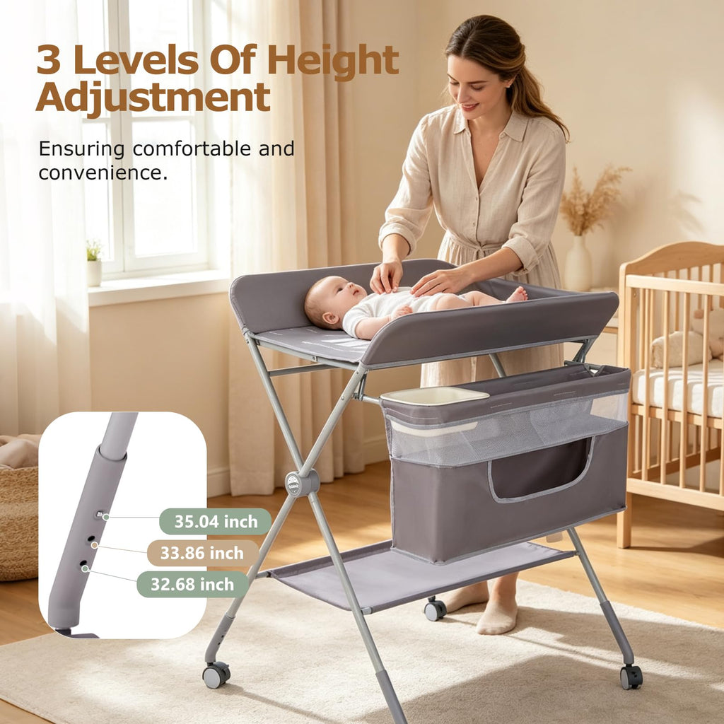 Baby Changing Table with Wheels, Portable Adjustable Folding Diaper Station with Storage E990438