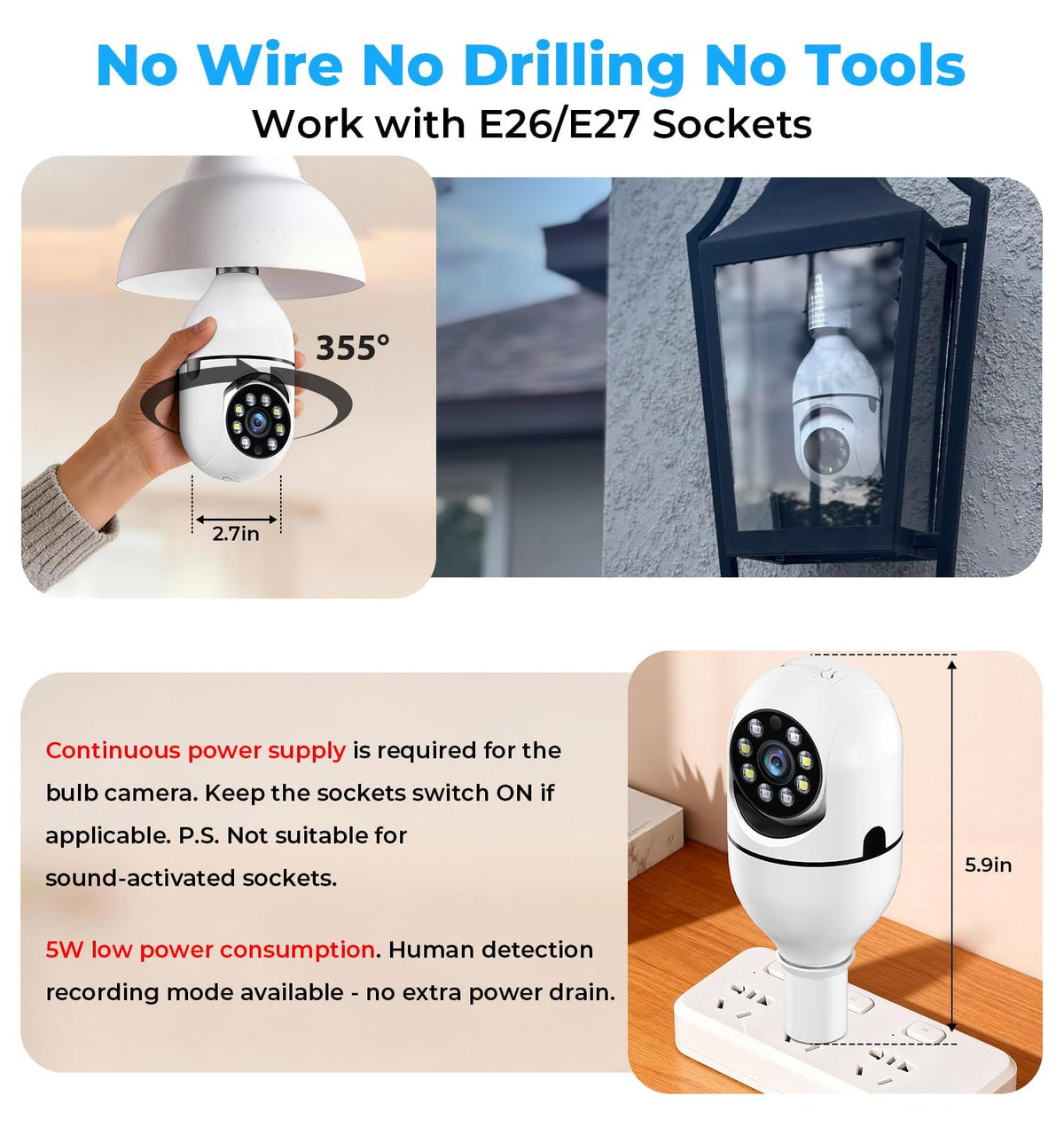 2K 5GHz & 2.4GHz WiFi Light Bulb Security Camera 360° PTZ K510