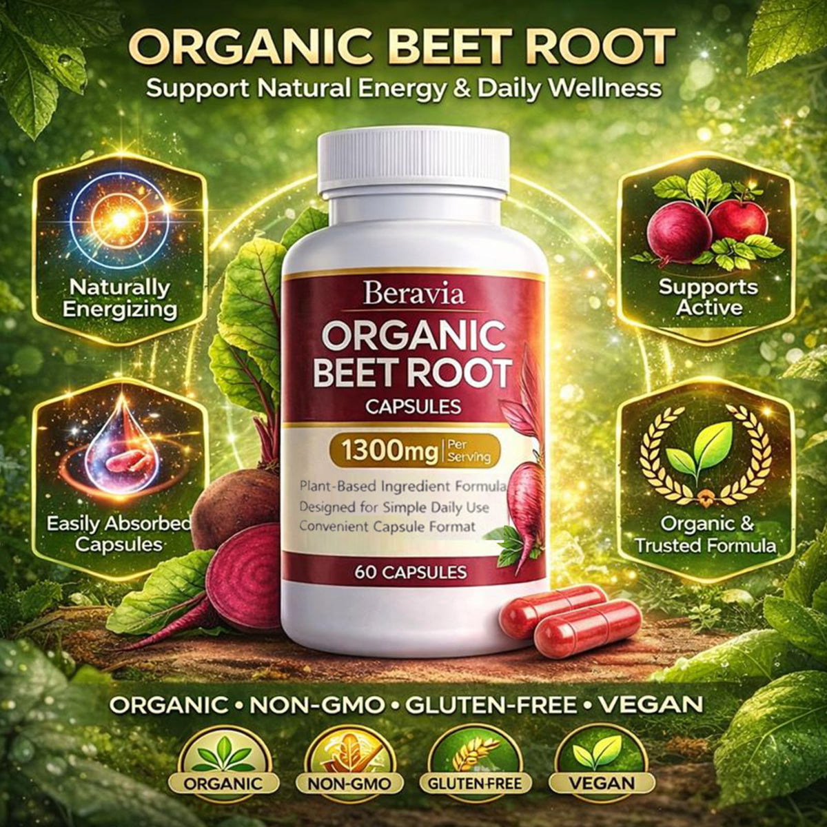 Organic Beet Root Capsules 1300 mg 60 Capsules A9848