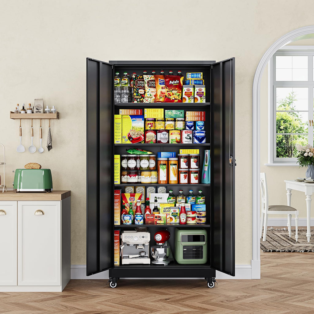 Metal Garage Storage Cabinets with Wheels, Locking Door and Adjustable Shelves (Black, 74.41" H) H75547