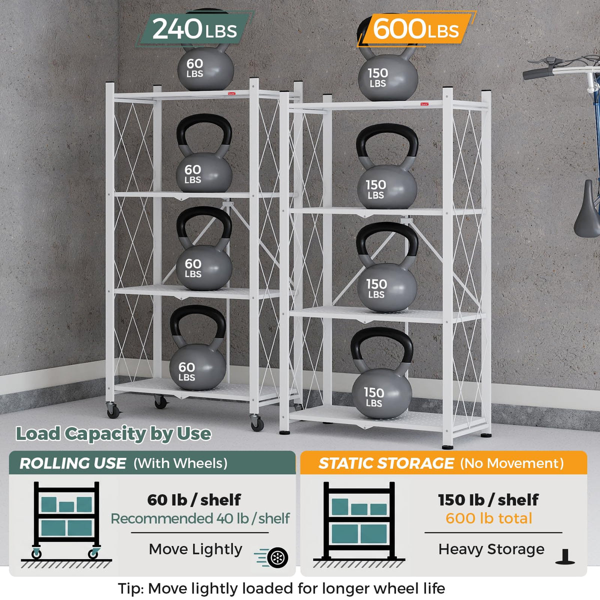 4 Tier White Metal Storage Shelves with Wheels V156781