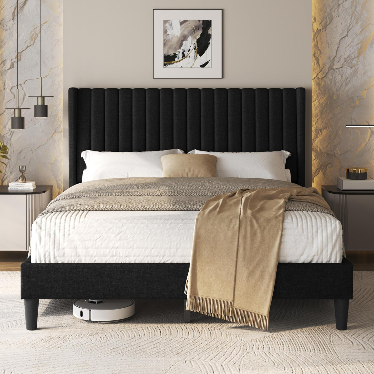 Black Queen Bed Frame with Headboard H56832