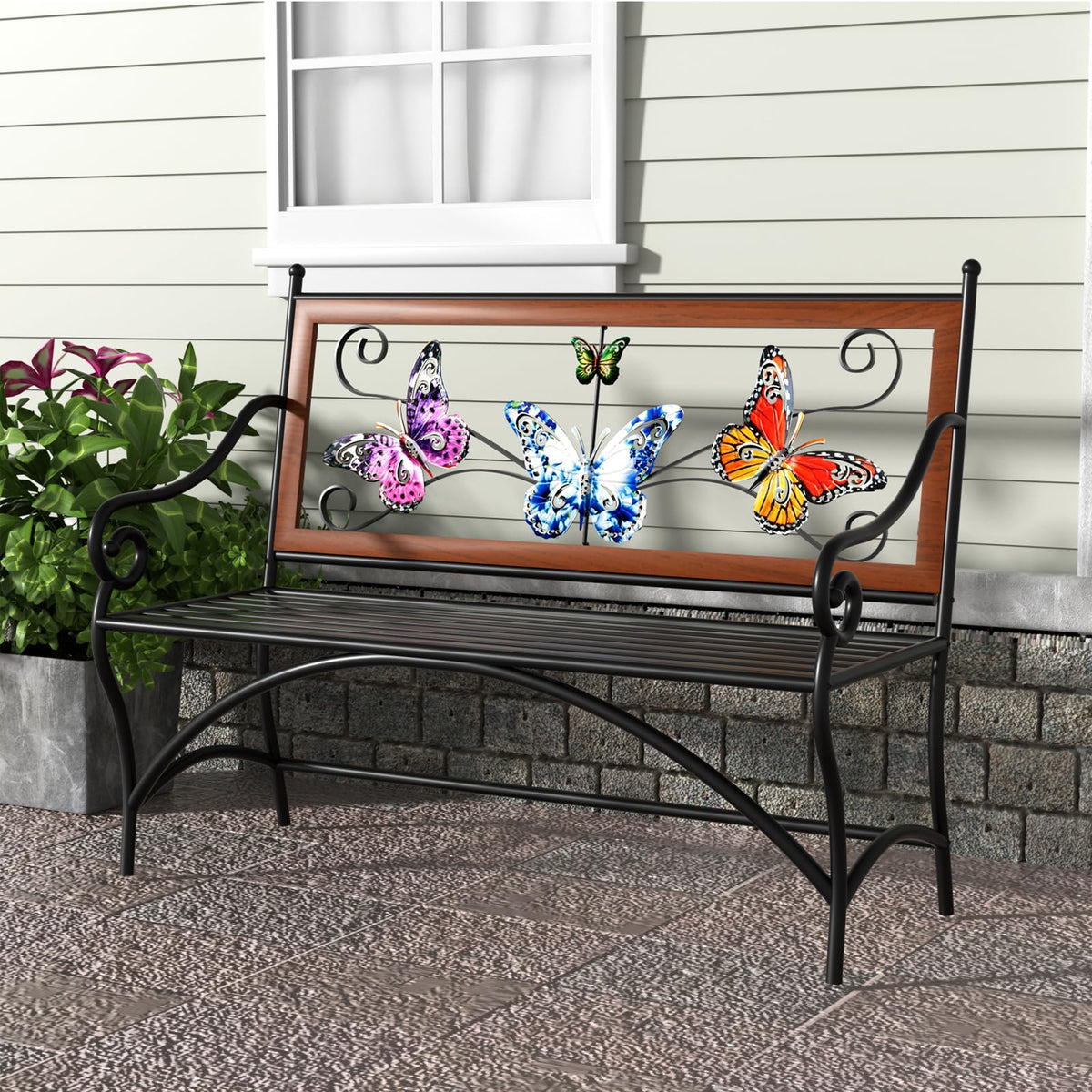 39.7" Black Metal Outdoor Bench with Armrest G545