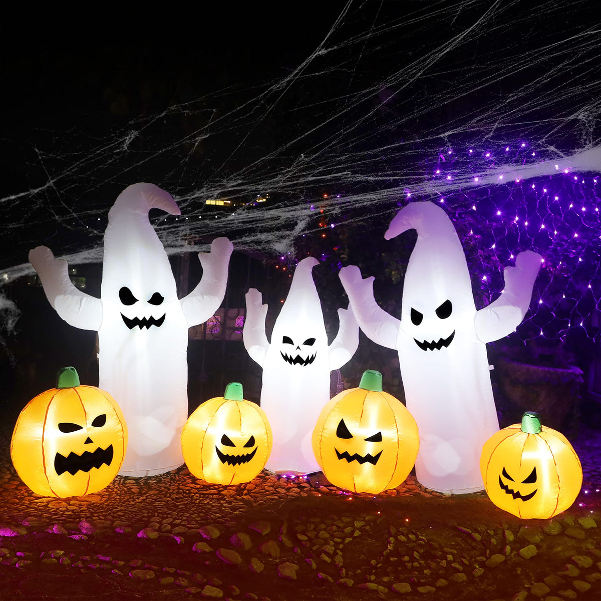 8 FT Lighted Halloween Inflatable Ghosts with Pumpkins I575