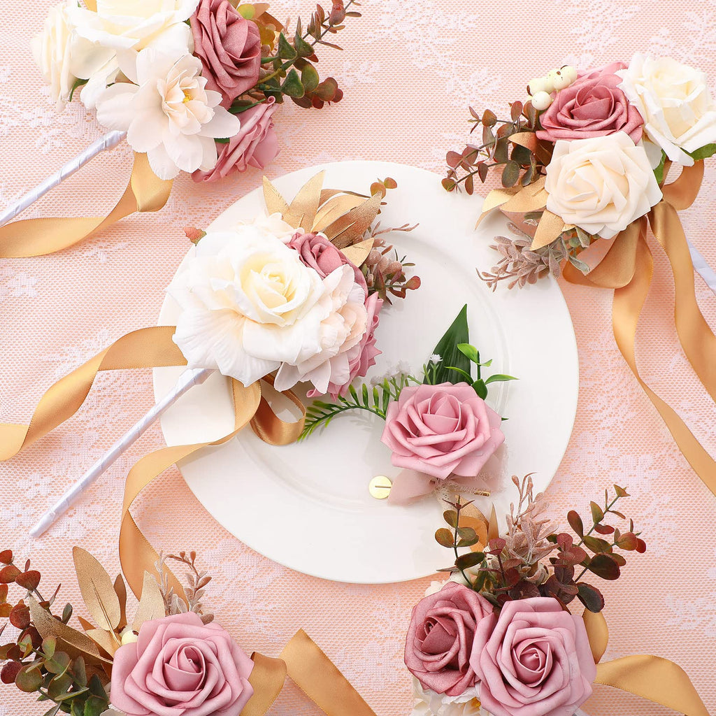 12 Pcs Artificial Bouquets and Boutonniere Set Rose White W66235