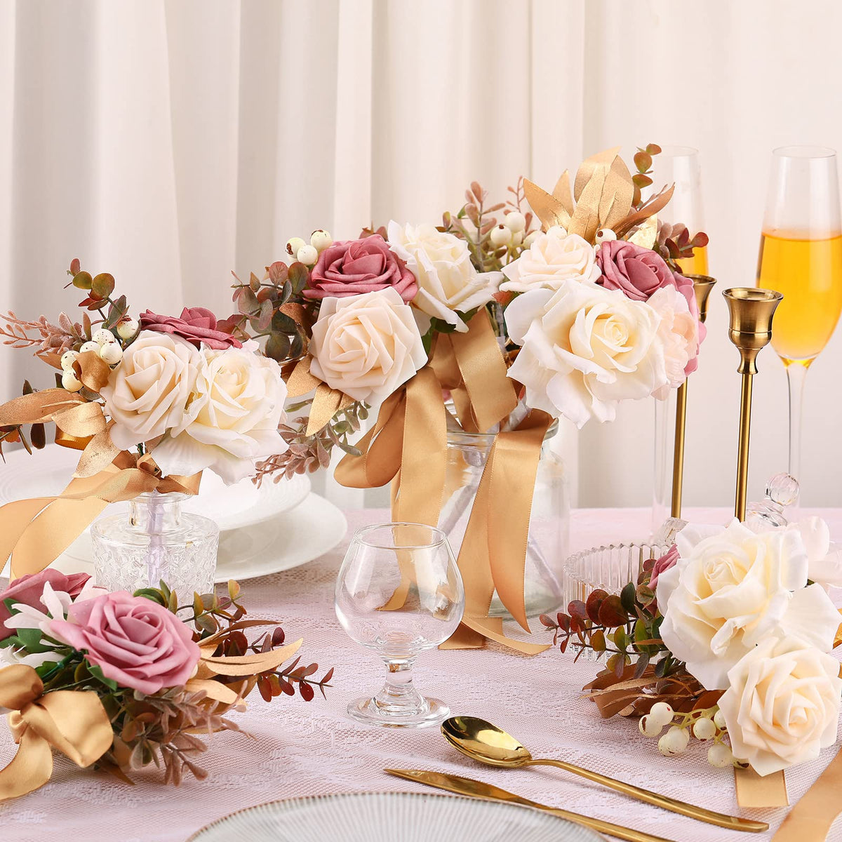 12 Pcs Artificial Bouquets and Boutonniere Set Rose White W66235