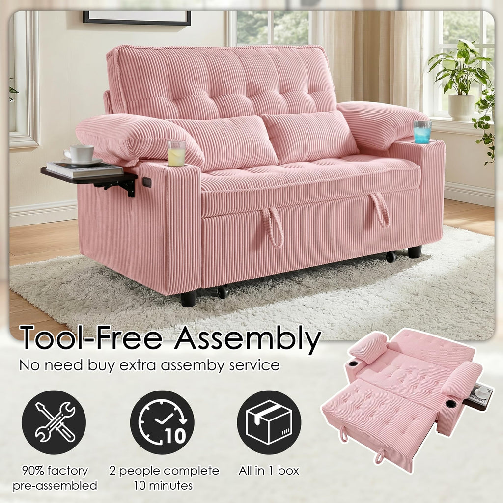 Pink Corduroy Full Size Sleeper Sofa Bed U6988