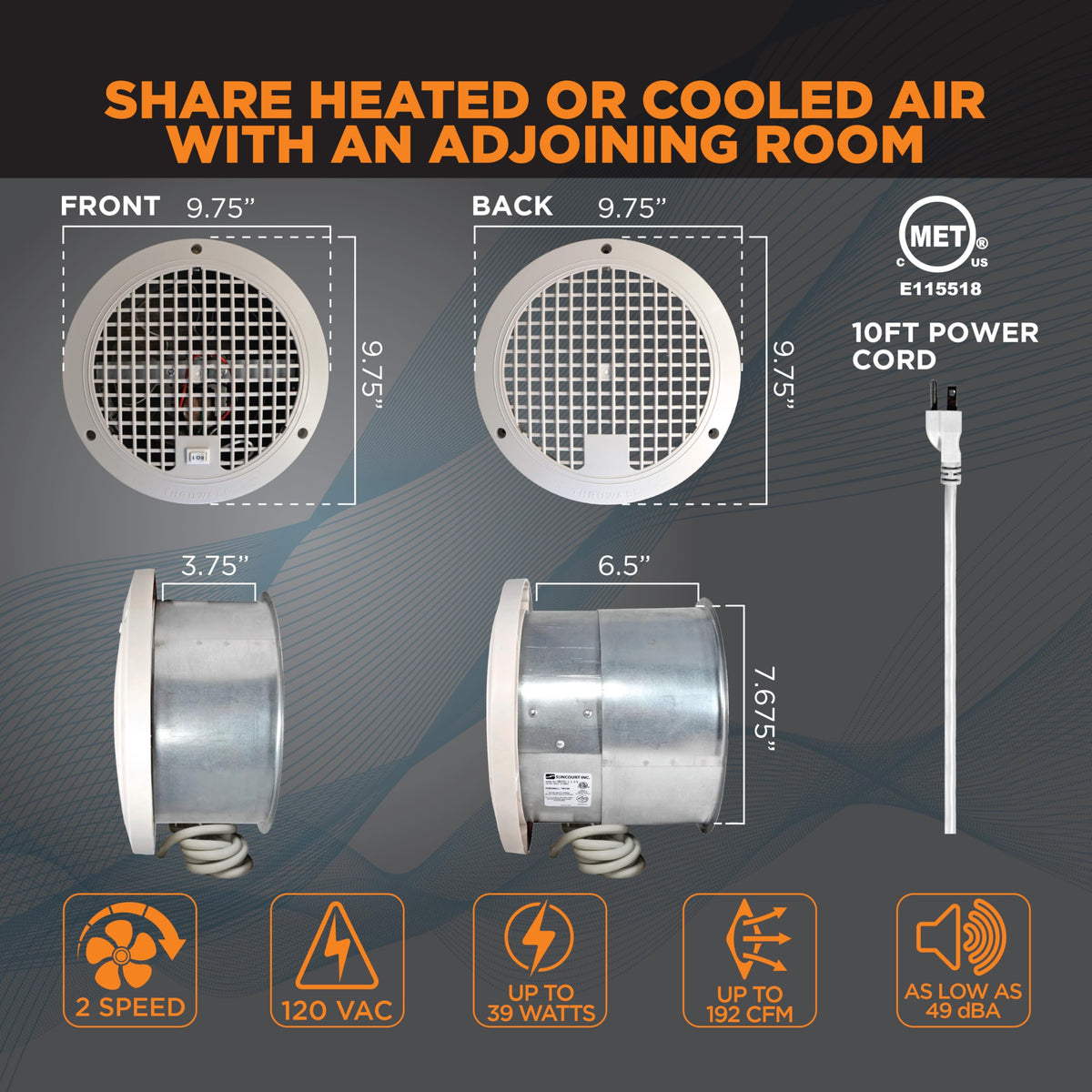 ThruWall Transfer Fan, 200-440 Sq Ft, 10-Ft Cord, 2-Speed Q821