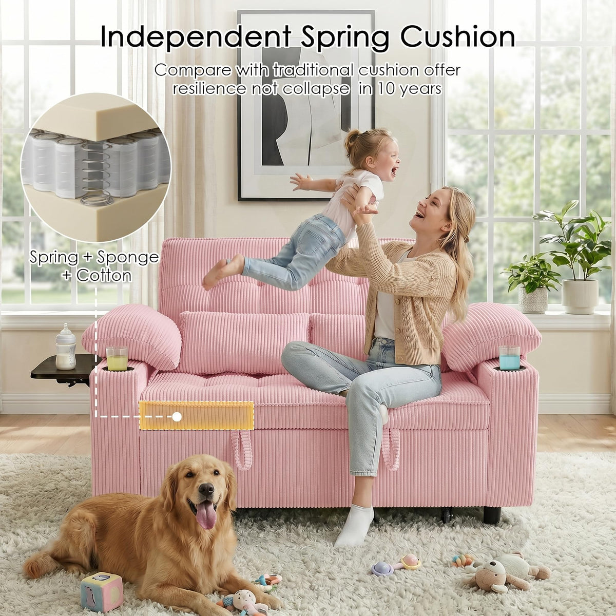 Pink Corduroy Full Size Sleeper Sofa Bed U6988