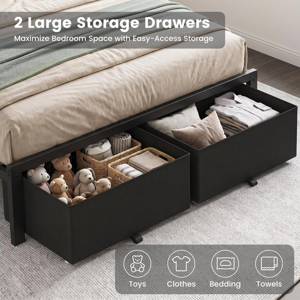 Full Size Bed Frame with Upholstered Headboard and 2 Storage Drawers F660